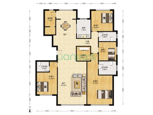 建业海马九如府 4室1厅3卫 218平方