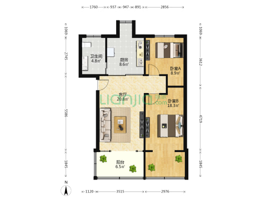 少管所宿舍 2室1厅1卫 75平方