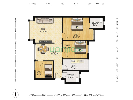 阳光传世风景 3室2厅2卫 80平方