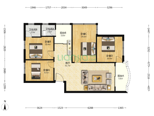 建设路南7号 4室1厅2卫 105平方
