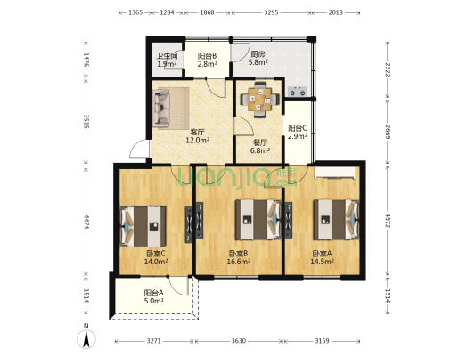 江铃梨园一区北区 3室2厅1卫 93平方