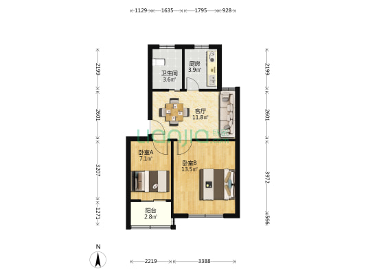 黄海路7号 2室1厅1卫 55平方
