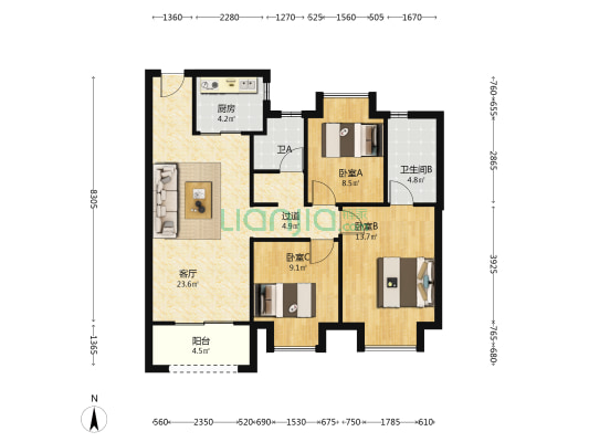 荣盛华庭 3室1厅2卫 105平方
