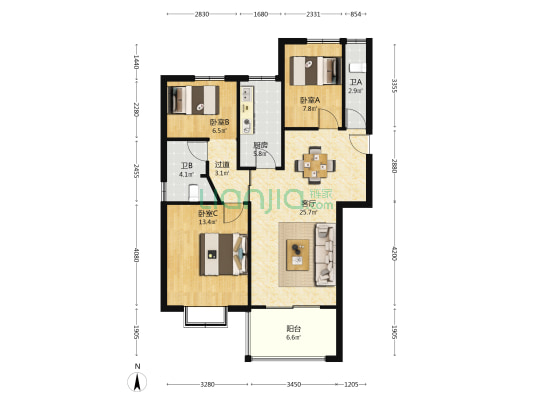 天顺园 3室1厅2卫 87平方