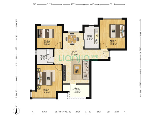 孔雀城英国宫六期 3室1厅1卫 86平方