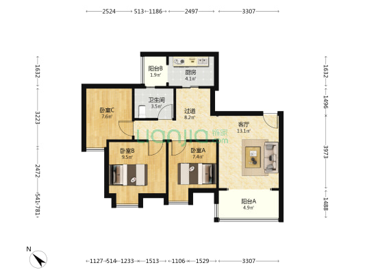 远洋万和公馆 3室1厅1卫 80平方