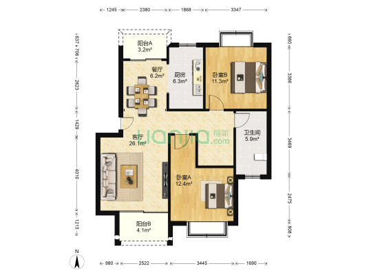 龙豪国际花园 2室2厅1卫 90平方