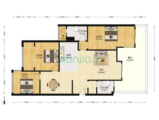 外滩新天地 3室1厅2卫 114平方