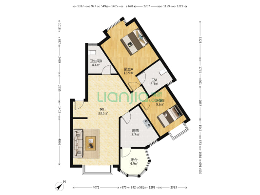 银杏华庭 2室1厅2卫 100平方