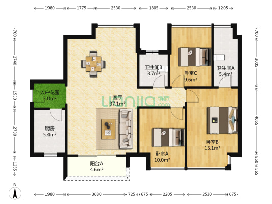 克拉家园 3室1厅2卫 109平方