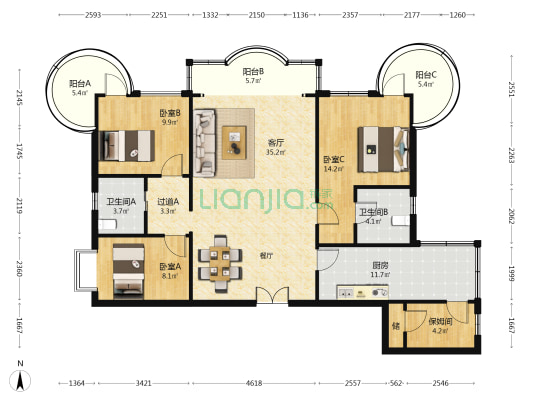 维多利广场 3室1厅2卫 155平方