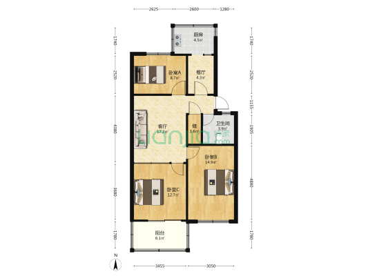烟草局一号院 3室2厅1卫 80平方