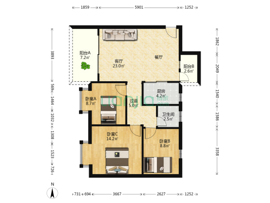 名都华庭 3室1厅1卫 89平方