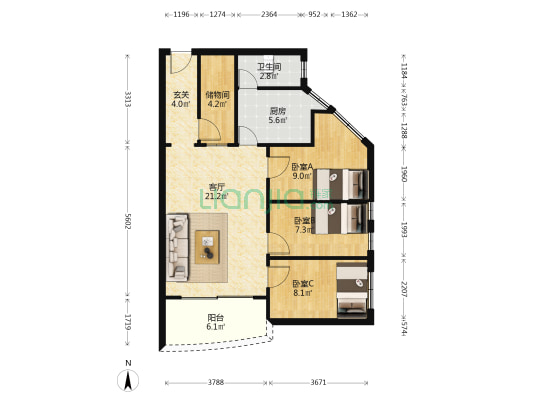 亚婆田小区 3室1厅1卫 75平方