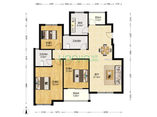 紫竹庭园 3室1厅2卫 129平方