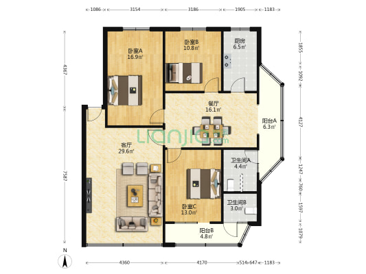 110法院宿舍 3室2厅2卫 120平方