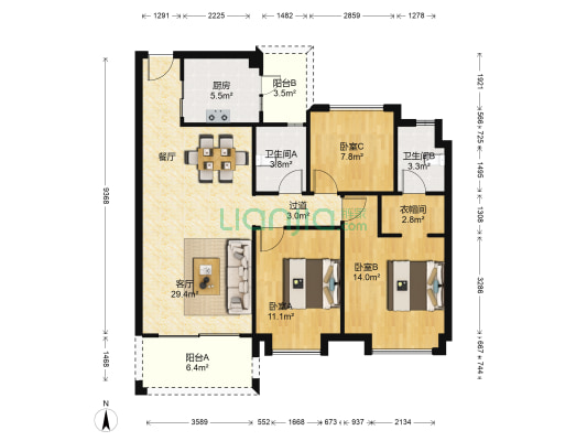 中山融创城 3室1厅2卫 111平方