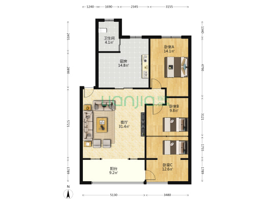福田花园 3室1厅1卫 108平方