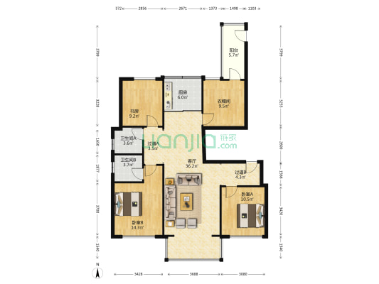 中梁香缇华府 3室1厅2卫 128平方