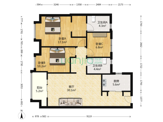 钰龙旭辉半岛沁园 3室1厅2卫 122平方
