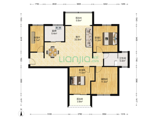 群升江山城 3室1厅1卫 107平方