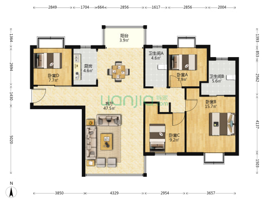 湘江东苑 4室1厅2卫 138平方