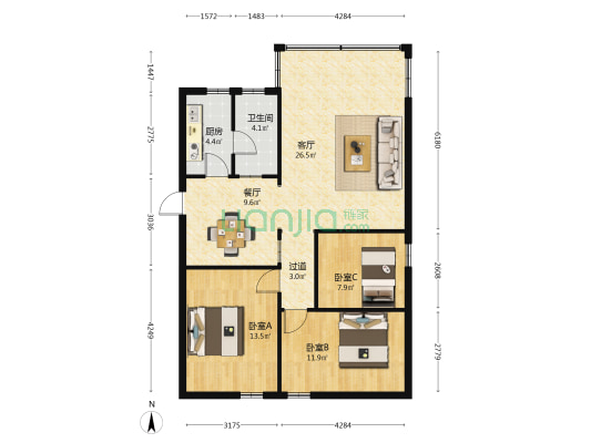 柠溪路571号 3室2厅1卫 98平方
