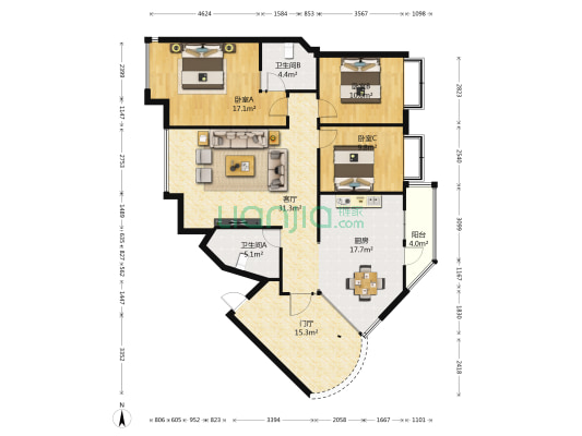 锦官秀城北区 3室1厅2卫 132平方