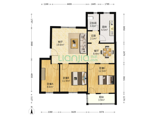 铁路小区 3室2厅1卫 90平方