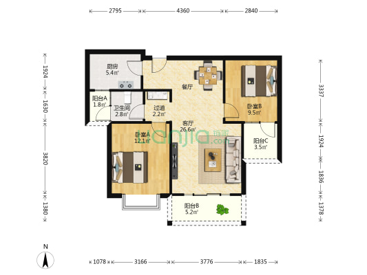 鸿富家园 2室1厅1卫 91平方