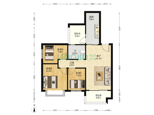 恒大世纪城四期南苑 3室1厅1卫 93平方
