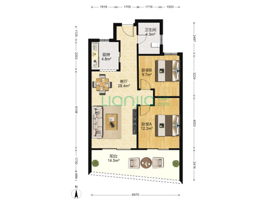 中信国安北海第一城 2室1厅1卫 90平方
