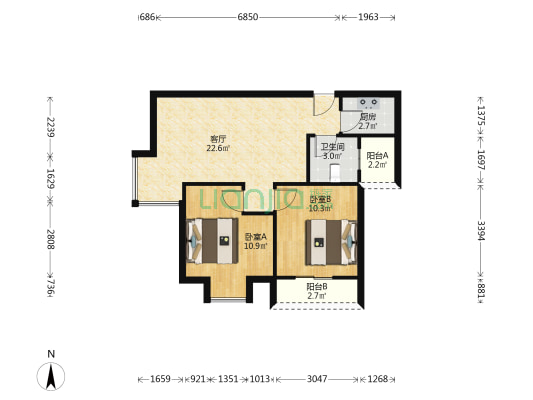 山水花城 2室1厅1卫 70平方