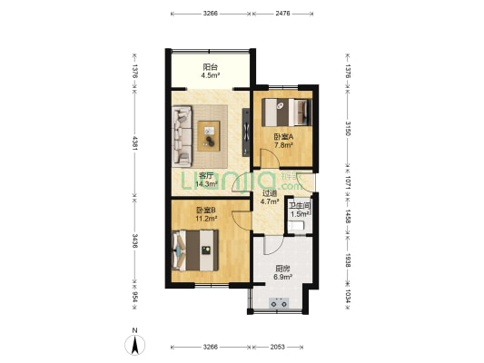 一环路东三段5号 2室1厅1卫 58平方