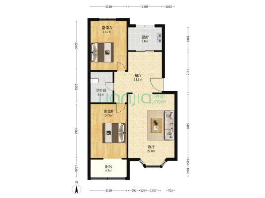 新世纪花园 2室2厅1卫 99平方