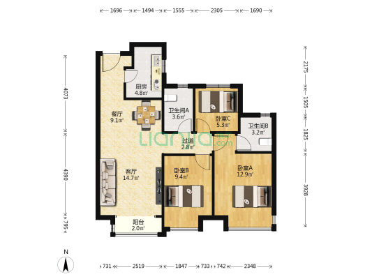 金融街·西青金悦府 3室2厅2卫 97平方