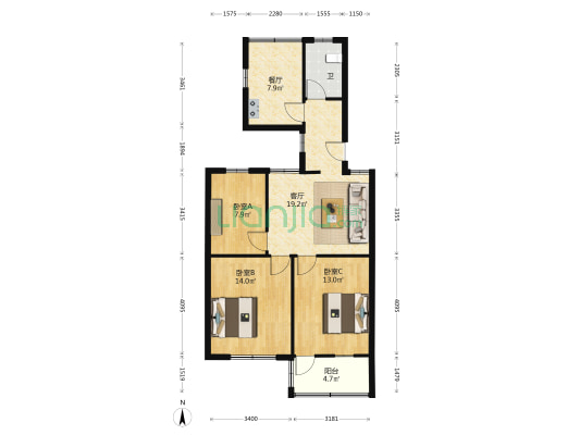干休所家属院 3室2厅1卫 84平方