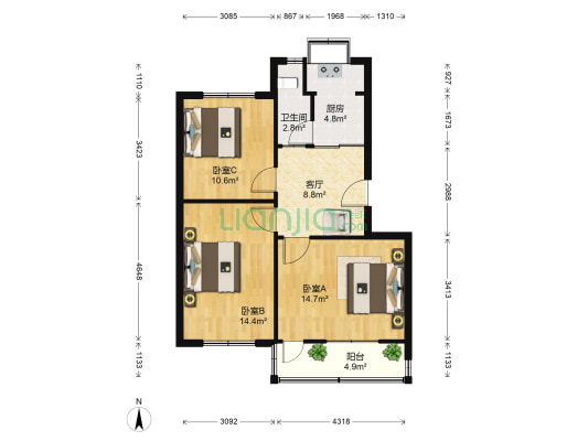 政法学院宿舍西院 3室1厅1卫 75平方