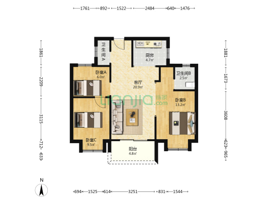 车都外校城 3室1厅2卫 87平方