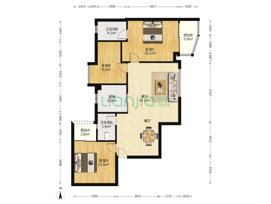 丰兴广场 3室1厅2卫 124平方