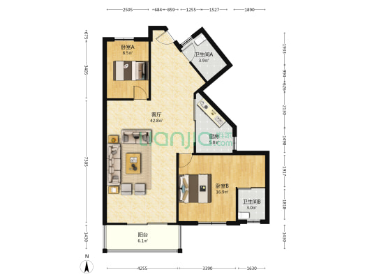 望江阁 2室1厅2卫 113平方
