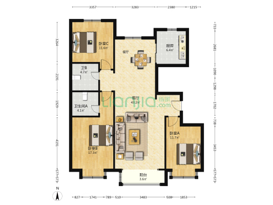 翰林雅居 3室1厅2卫 138平方