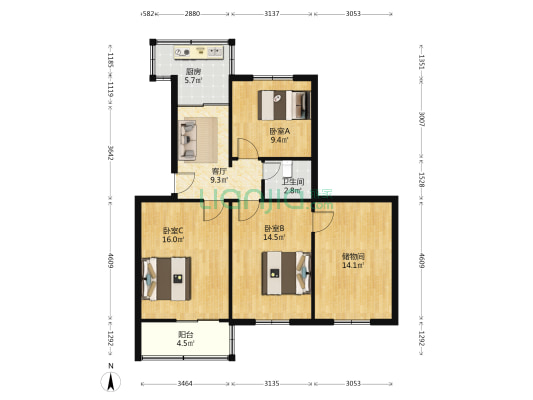 西安市建二公司建东街住宅楼 3室1厅1卫 86平方