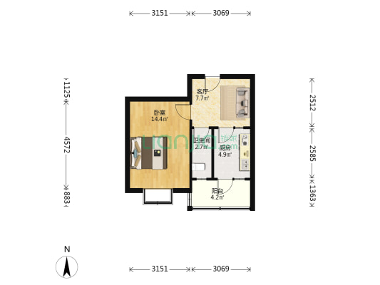 无影山中路78号 1室1厅1卫 40平方