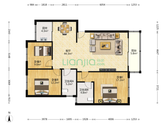 天虹花园 3室1厅2卫 123平方