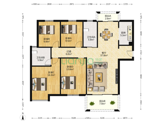 汇景新城三期 4室1厅2卫 141平方