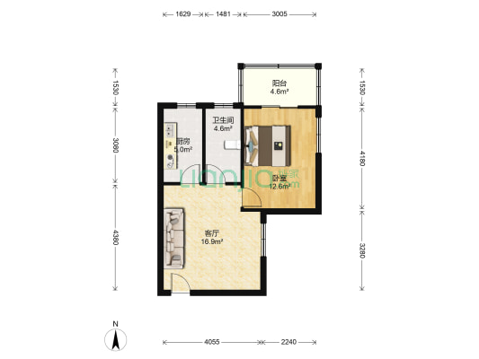 军怡公馆 1室1厅 东 北-户型图