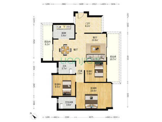 海尚绿洲 3室1厅2卫 119平方