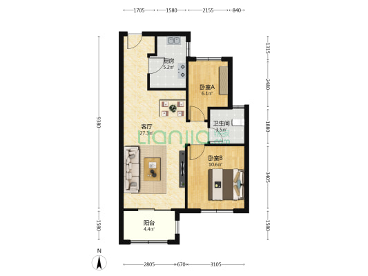 万丰民苑 2室1厅1卫 80平方