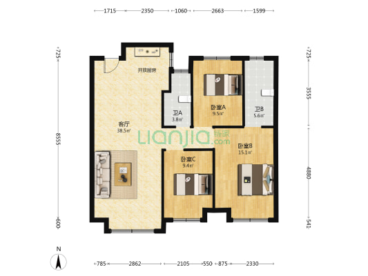 中铁逸都C区 3室1厅2卫 108平方